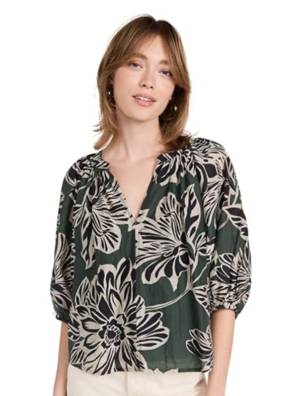 velvet Paola Printed Silk Cotton Voile Puff Sleeve Blouse